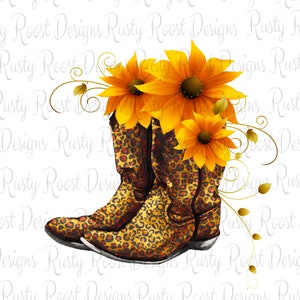 cowgirl leopard boots png, boot sublimation designs downloads, boots with sunflowers, sublimation graphics, cowboy boots, leopard boots png image 1