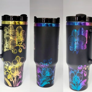 40 oz engraved black chroma orchid flowers