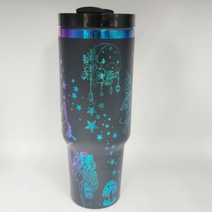 40 oz engraved black chroma fairies tumbler.