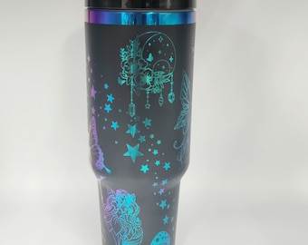 40 oz engraved black chroma fairies tumbler.