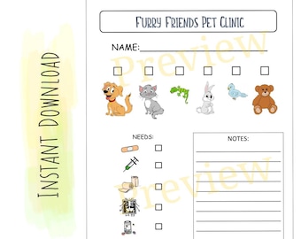 Formulario de veterinario para niños imprimible / niños en edad preescolar / juego de simulación
