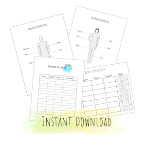 Puede incluir: Plantilla imprimible de seguimiento de peso y diario de alimentos semanal con un contorno en blanco y negro de una persona con medidas etiquetadas. El diario incluye secciones para la fecha, el peso, la pérdida/ganancia, los comentarios, el almuerzo, la cena, los refrigerios y el agua.
