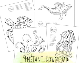 Printable Underwater Animals coloring pages/ educational kids /  set of 4 / instant download