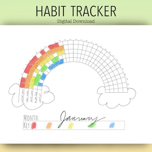 Op de afbeelding: Een witte, afdrukbare habit tracker met een regenboogontwerp. Bovenaan de pagina staat "HABIT TRACKER" en "Digital Download". De regenboog is verdeeld in secties voor het volgen van gewoonten. De maand is januari.
