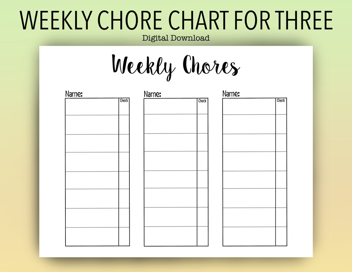 Kids Printable Chore Chart for Three People / Weekly Chores / Blank