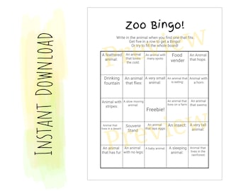 Bingo del zoológico para niños imprimible / Juego de bingo de animales / Actividad del zoológico / Descarga instantánea