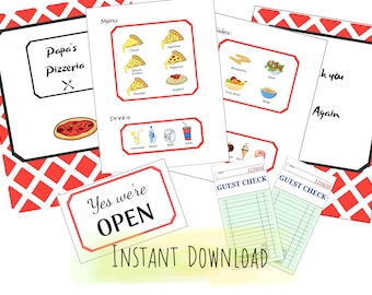 Menú de pizza de restaurante imprimible para niños / Pizzería / Juego de simulación