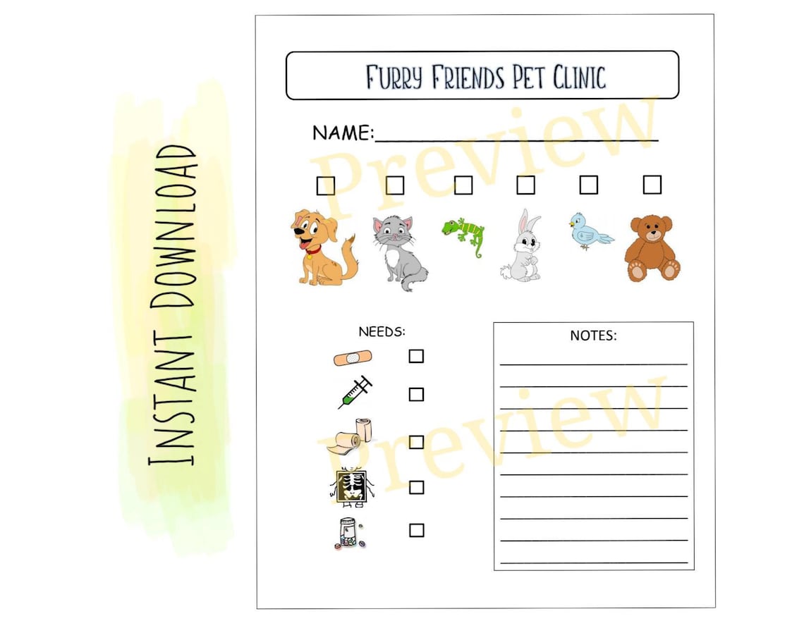 Kids Printable Vet Form/ Preschoolers / Pretend Play - Etsy