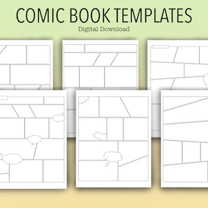 May include: Six black and white comic book templates with different panel layouts. The templates are designed for creating comics and graphic novels.