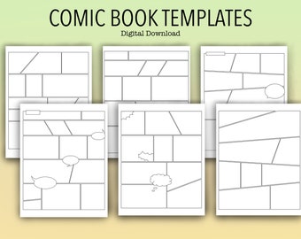 May include: Six black and white comic book templates with different panel layouts. The templates are designed for creating comics and graphic novels.
