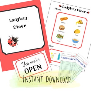 Menú de restaurante imprimible para niños/Comida preescolar/Juego de simulación