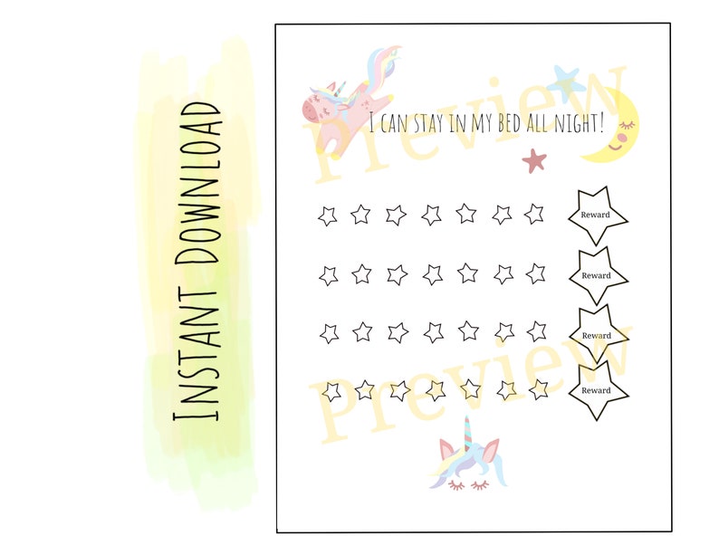kids printable unicorn stay in bed reward chart night time etsy