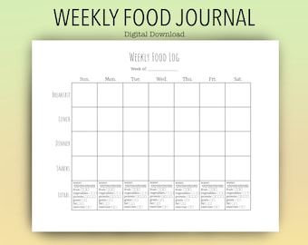Registro de alimentos semanal detallado imprimible / diario de comidas / ingesta de agua
