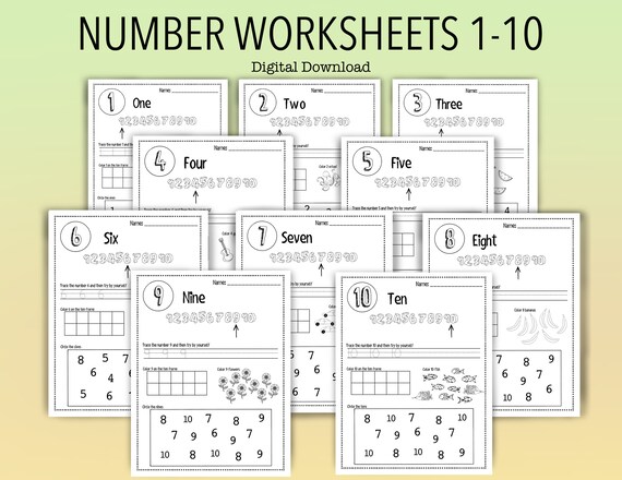 kids printable number recognition worksheets numbers 1 10 etsy