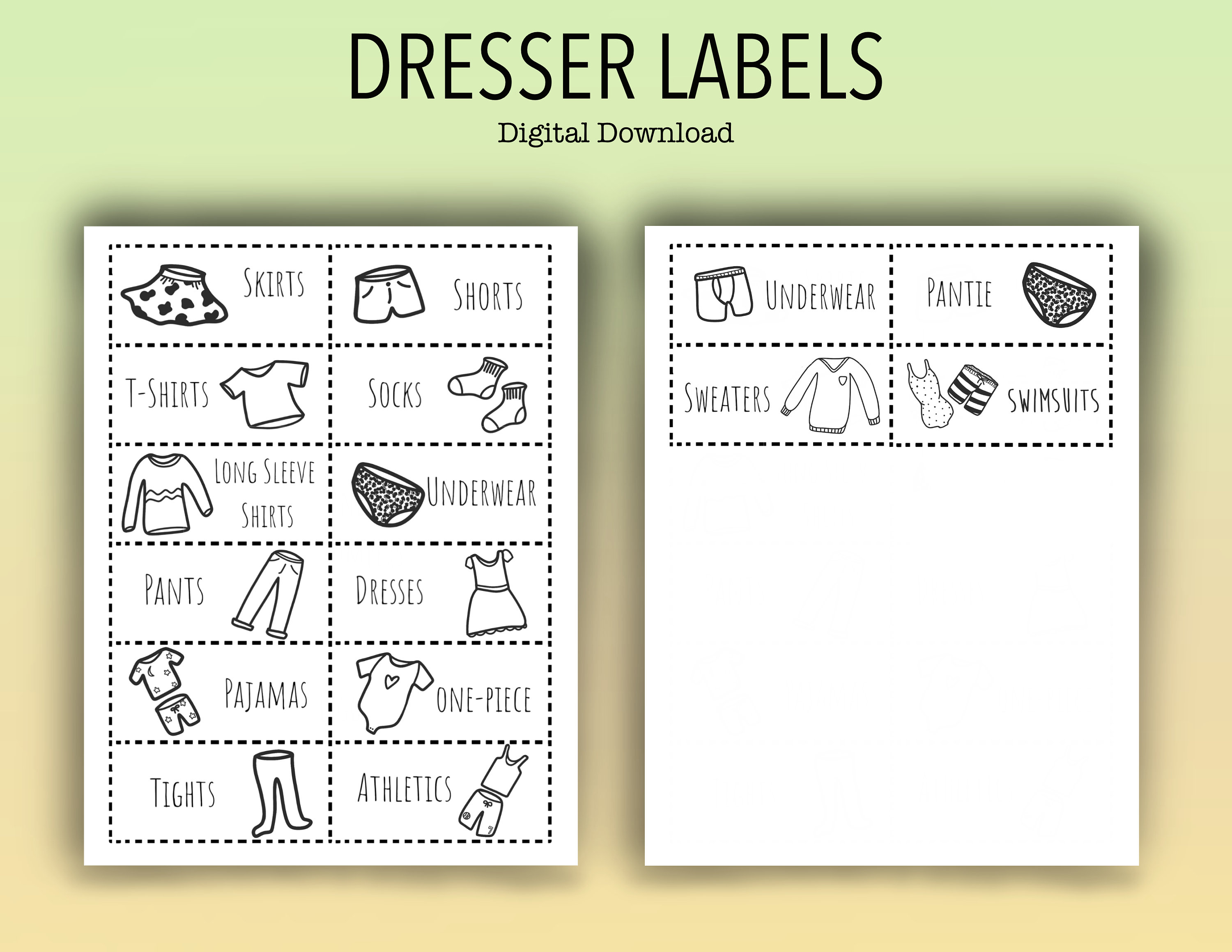 Printable Dresser Labels / Simple Organizing Labels for Clothing / Kids /  Instant Download PDF and SVG 