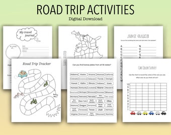 Juego de 6 / Paquete de viajes por carretera imprimible para niños / Rastreador de viajes por carretera / Juegos de auto / Diario de viaje