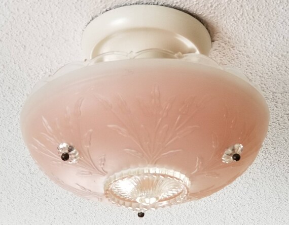 1940 S Frosted Pink Hanging Light Fixture With 3 Chains Mid Century Retro