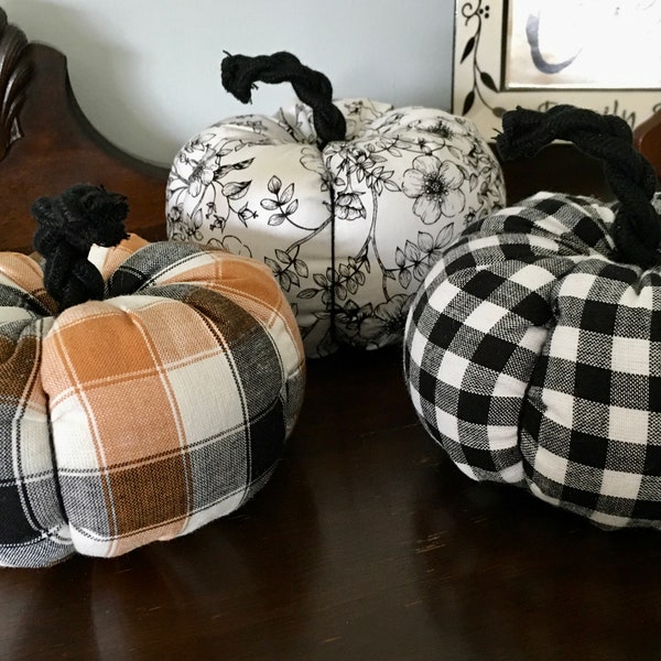 Buffalo Plaid Fabric Pumpkins, Pumpkin Decor, Fall Harvest Decor, Black and White Checked Pumpkins, Farmhouse Pumpkin Decor, Halloween Decor