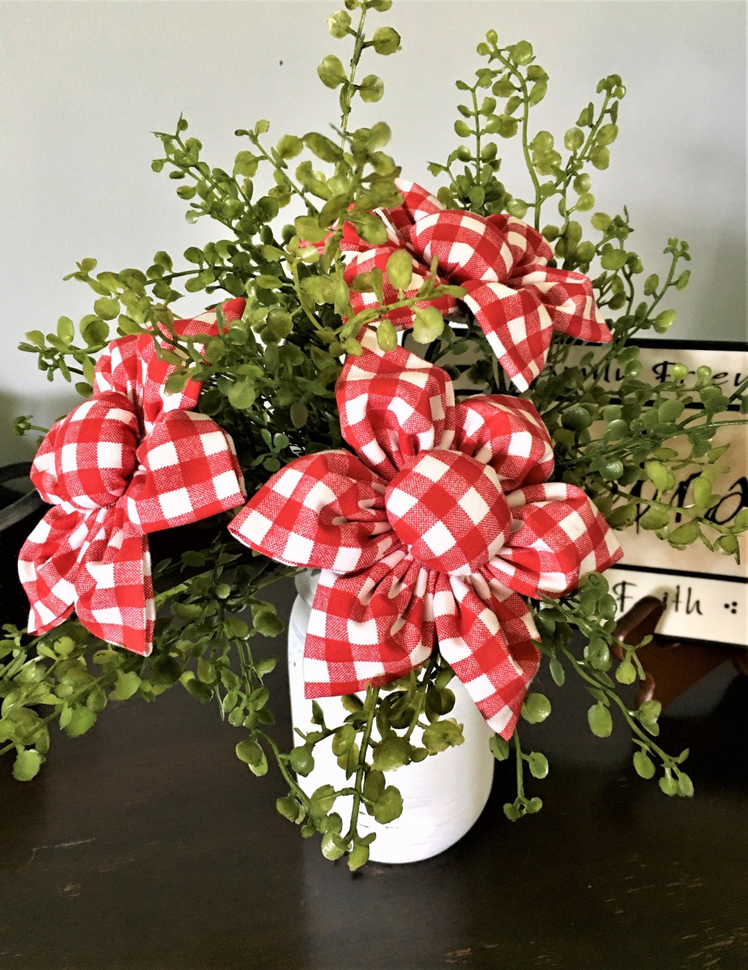 Red and White Check Fabric Flowers, Buffalo Plaid Farmhouse Decor