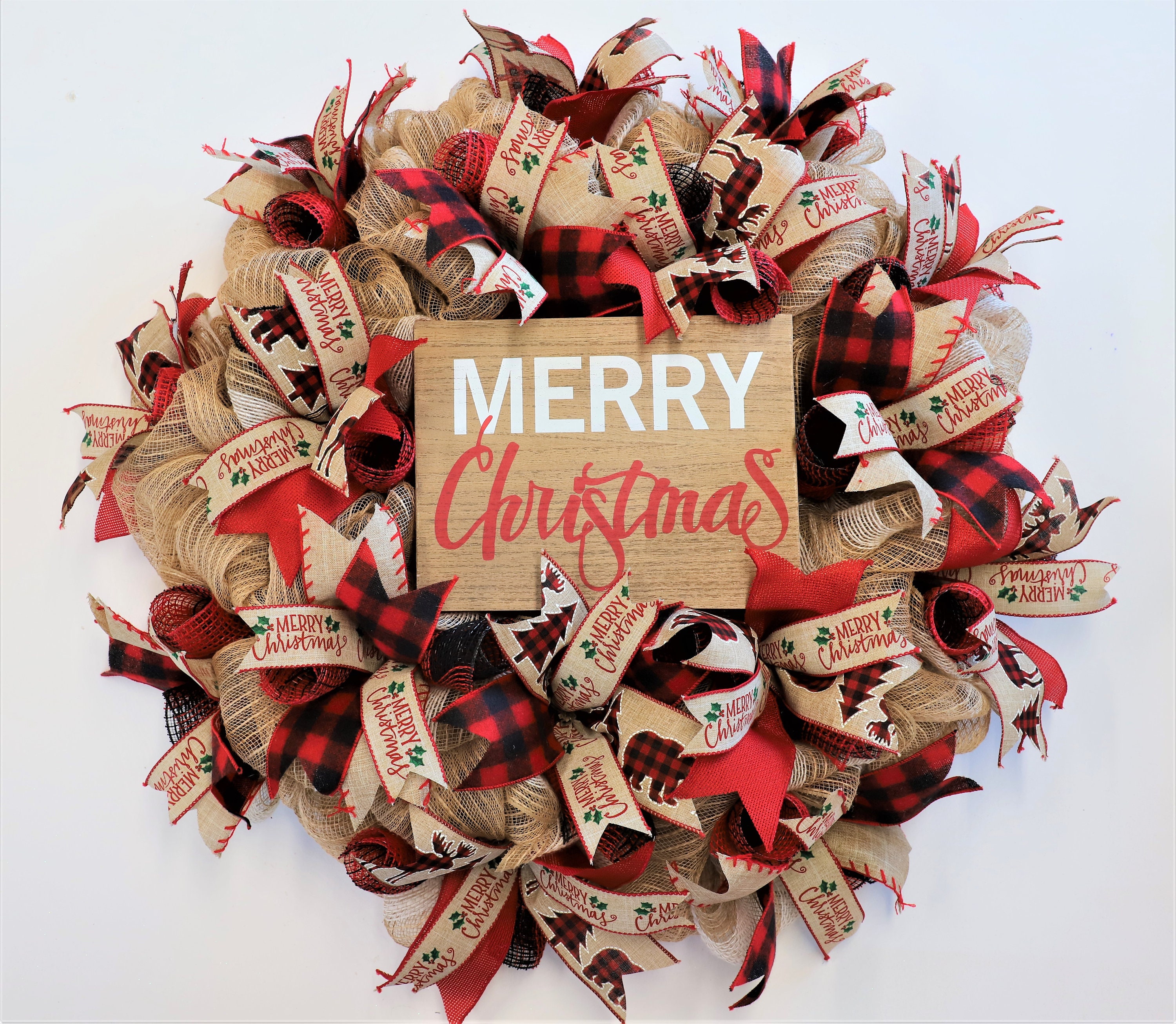 20 Christmas Wreaths for Your Front Door 12 Christmas Burlap Wreath, Buffalo Check Ribbon, Farmhouse Rustic Decor