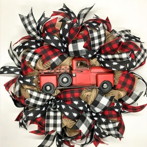 Red Truck Christmas Wreath, Deco Mesh Christmas Wreath, Buffalo Plaid Christmas Wreath, Farmhouse Christmas Wreath, Burlap Christmas Wreath