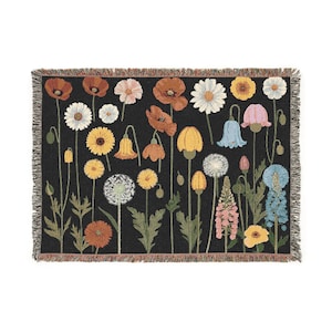 Nordic Folk Blanket – Vintage Botanical Floral Throw | Cottagecore Blanket, Scandinavian Blanket, Folk Art Decor, Dark Floral, Nordic Gift