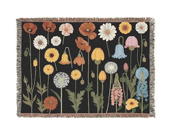 Floral Woven Blanket: Vintage Botanical Nordic Folk Art Throw