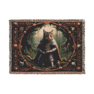 Medieval Cat Knight Woven Blanket: Fantasy Tapestry Throw