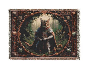 Medieval Cat Knight Woven Blanket: Fantasy Tapestry Throw