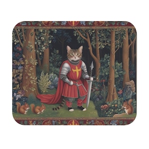 May include: A whimsical illustration of a cat dressed as a medieval knight, complete with red and silver armor, a cape, and a sword. The background features a detailed forest scene with squirrels and lush foliage, creating a storybook aesthetic.