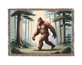 Bigfoot Woven Blanket: Sasquatch Cotton Throw, Cottagecore Decor