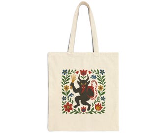Merry Krampus Canvas Tote Bag | Holiday Illustration