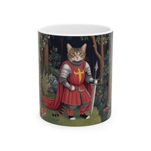 Medieval Cat Knight Mug, folklore aesthetic woodland fairy core goblincore, cottagecore medieval cat mug marginalia, Bestiary quirky cat art