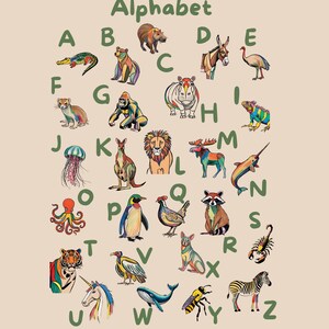 Póster del alfabeto de animales Montessori, arte de pared con alfabeto, decoración educativa para habitación de niños, póster divertido para guardería, decorador de aulas, póster del alfabeto