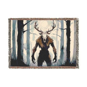 May include: A woven tapestry featuring a dark, skeletal deer creature with antlers standing in a misty forest. The creature has a human-like body and is depicted in a watercolor style.
