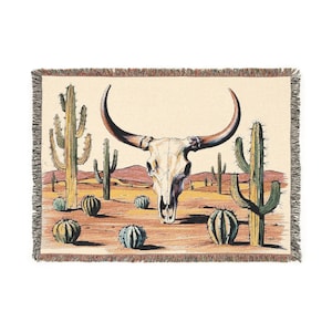Cattle Skull Woven Blanket Southwest Throw Blanket, Western Boho Decor, Rustic Cotton Blanket Desert Aesthetic, Cowgirl Bedding Western Gift