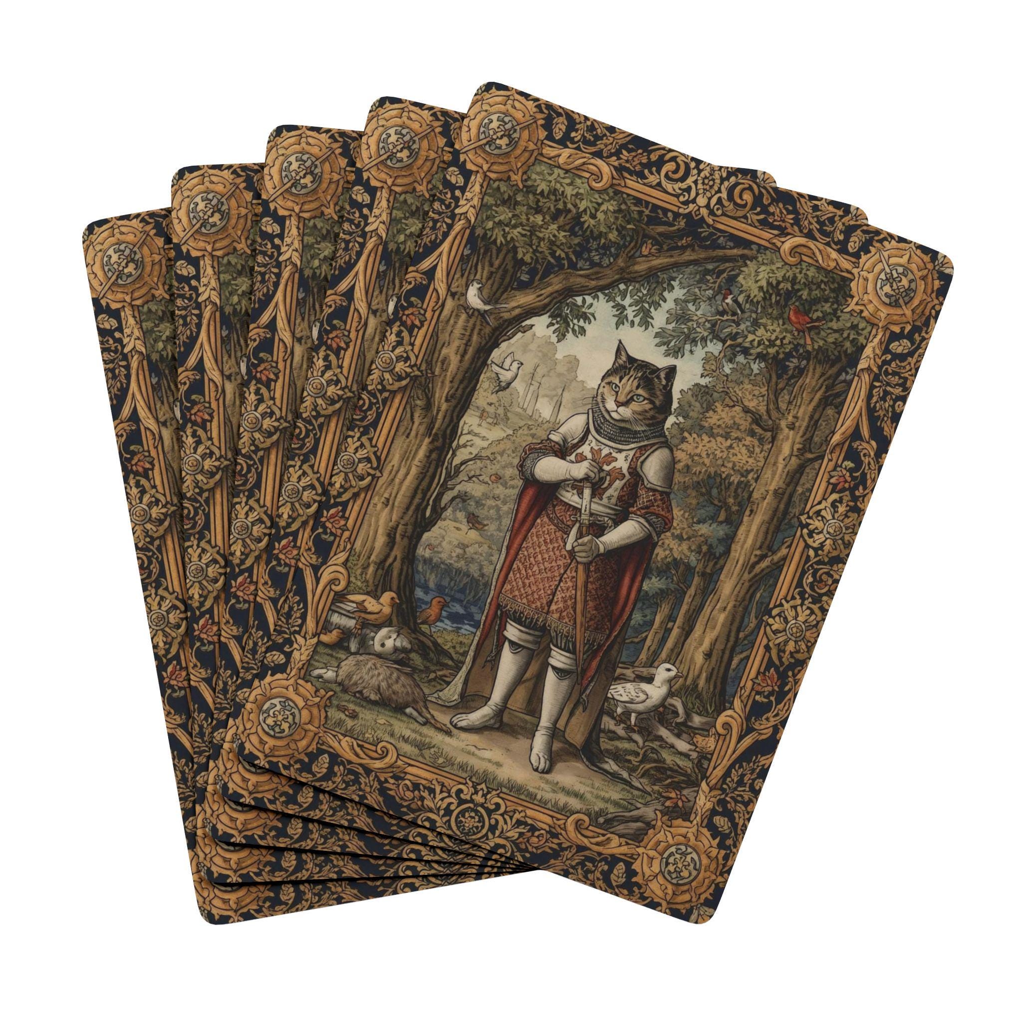 Medieval Cat Knight in Tapestry Woodland Forest Setting Playing Cards ...