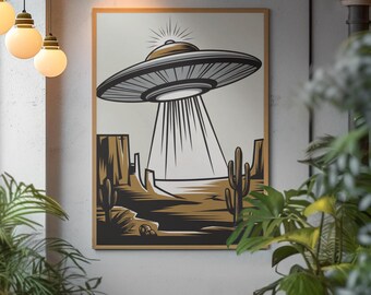 Retro UFO Desert Print: Vintage Sci-Fi Wall Art (Digital Download)