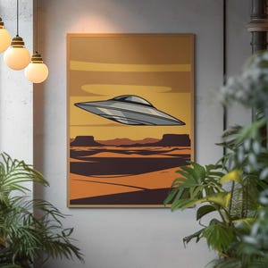 Retro UFO Art Print Vintage Flying Saucer Poster, Sci-Fi Alien Wall Art Minimalist Desert Decor, Space Aesthetic, Southwestern Cosmic Design