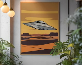 Lámina artística retro de OVNI: Desierto del suroeste, decoración de pared de ciencia ficción (descarga digital)