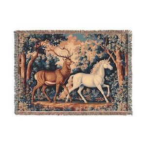 Medieval Forest Woven Blanket with Stag and Unicorn, Verdure Tapestry, French Tapestry, Medieval Blanket, mysticism gift, Nature tapestry