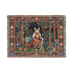 Medieval Cat Knight Woven Blanket: 100% Cotton Tapestry Throw