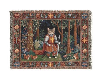 Medieval Cat Knight Woven Blanket: 100% Cotton Tapestry Throw