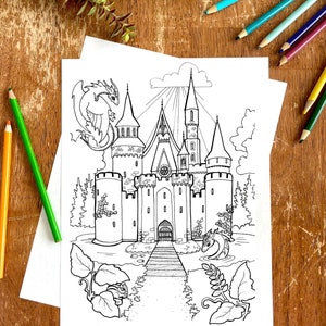 Dragon Castle - Printable Adult Coloring Page - Digital Download