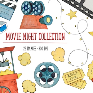 Noche de película acuarela Clipart - imágenes prediseñadas divertidas - descarga instantánea