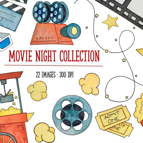Movie Night Watercolor Clipart - Fun Clipart - Instant Download