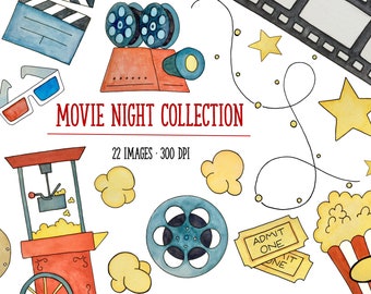 Movie Night Watercolor Clipart - Fun Clipart - Instant Download