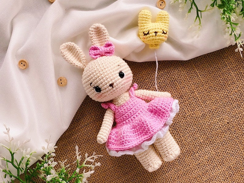 Alice, the baby girl bunny pattern with her bunny balloon included English PDF rabbit pattern bunny crochet image 1