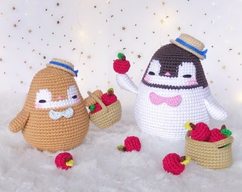 PePerico and PoPorico penguin pattern | bundle 2in1 | with basket and apples included!! | English PDF penguin crochet pattern | Penguin doll