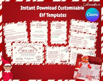 May include: A red and white Christmas-themed digital download featuring customizable Elf templates. The templates include warning cards, report cards, nice list certificates, and postcards. The text includes "Instant Download Customisable Elf Templates."